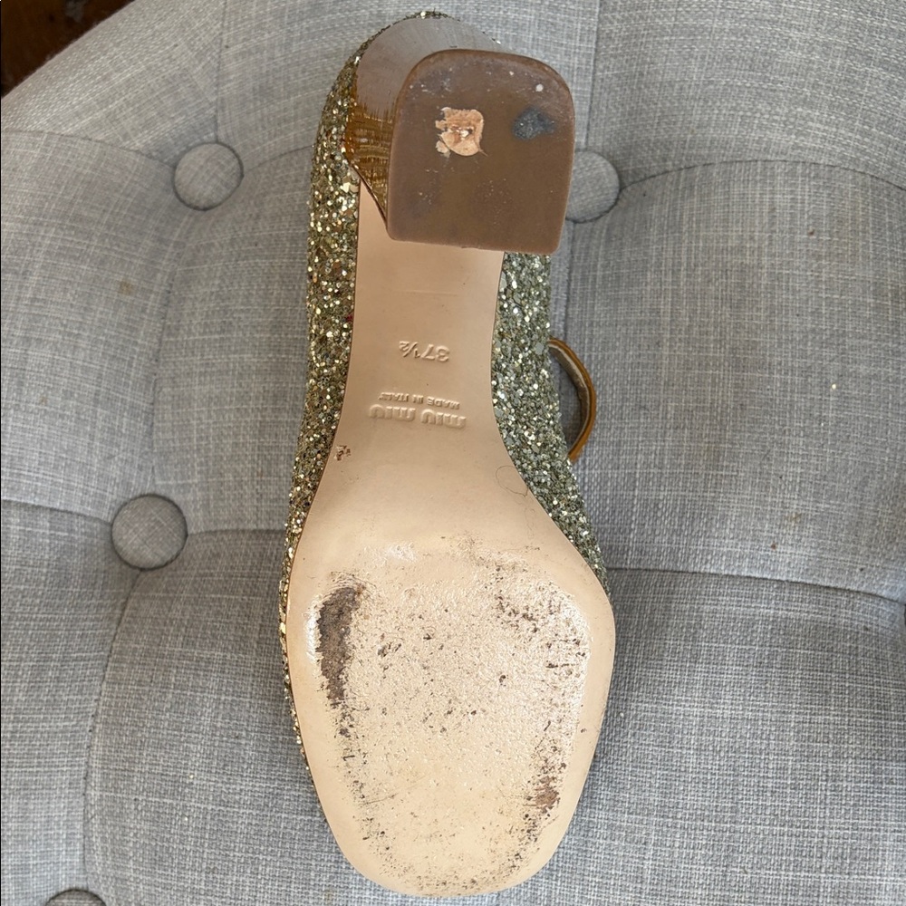 Miu Miu Gold Glitter Mary Jane Block Heels – Size 37.5 - Picture 10 of 15